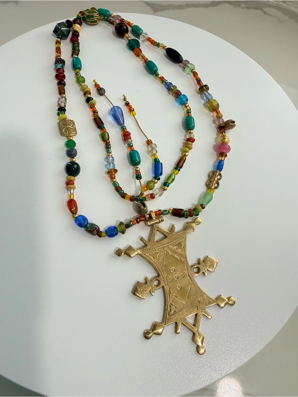 Handcrafted Multicolor Beaded Necklace with Gold Pendant